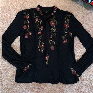 Lucky brand embroidered tie neck top